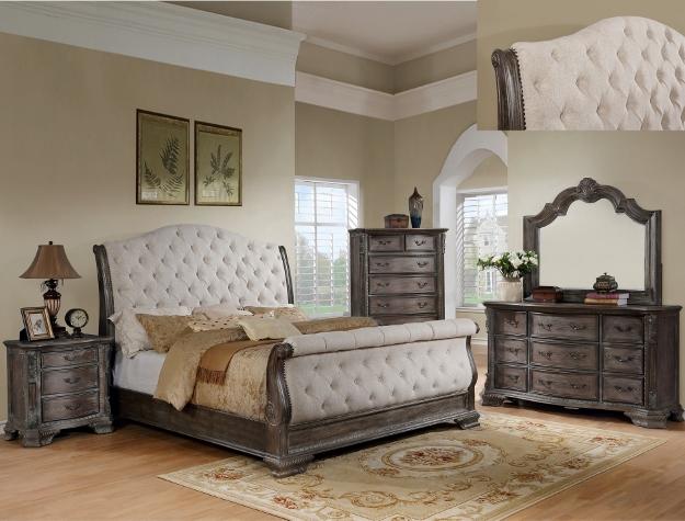 Louis Philippe Antique Gray Queen Sleigh Bed w/Dresser and Mirror