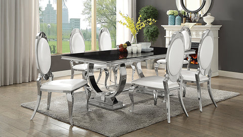 Antoine Rectangular Tempered Glass Twin Pedestal Dining Set Black with Oval-Back Faux Leather Dining Side Chair Cream White Set of 2