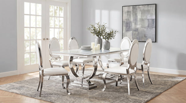 Antoine Rectangular Tempered Glass Twin Pedestal Dining Set White with Oval-Back Faux Leather Dining Side Chair Cream White Set of 2