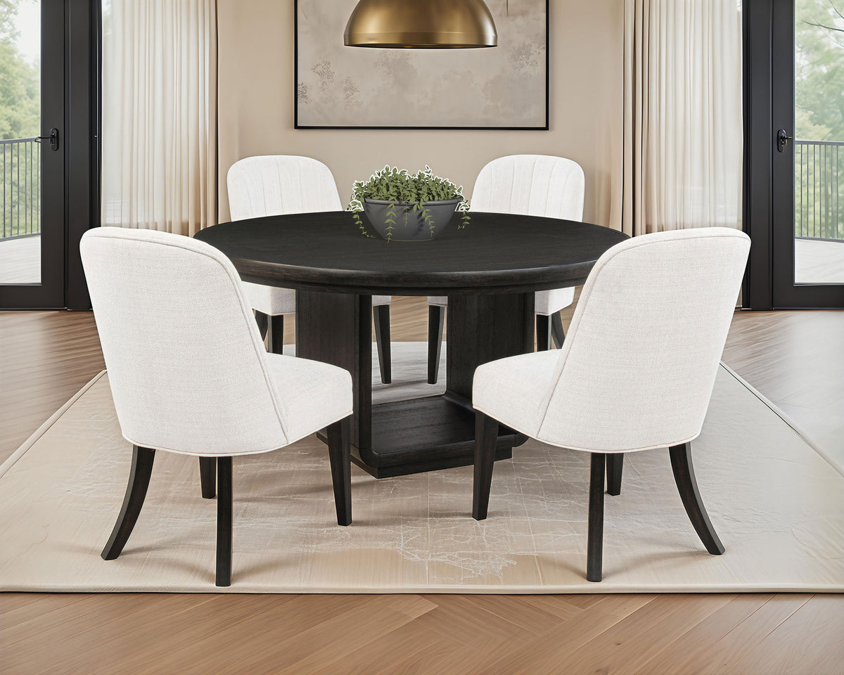 Leandro Round Dining Set Cream / Burnished Black — collection scene; select a configuration for exact contents