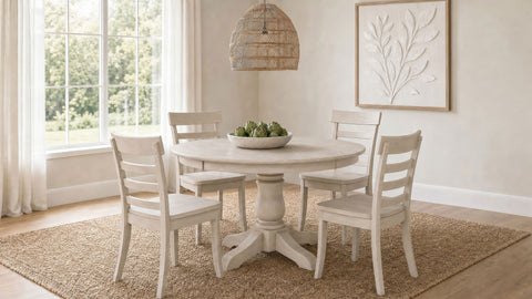 Orrison Extension Dining Set Linen — collection scene; select a configuration for exact contents