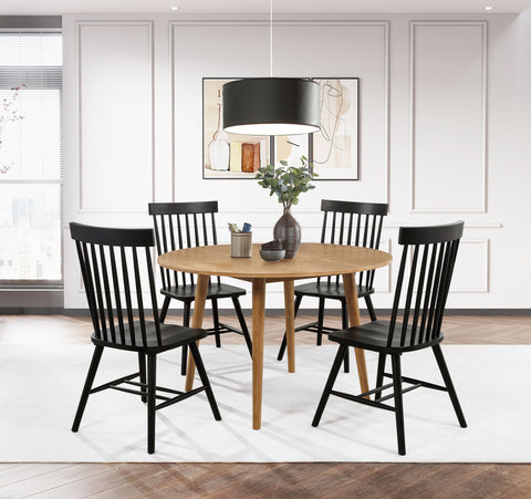 Andrews 48-inch Round Wood Dining Room Set Light Ash with Windsor Spindle Back Dining Side Chair Black (Set of 2)