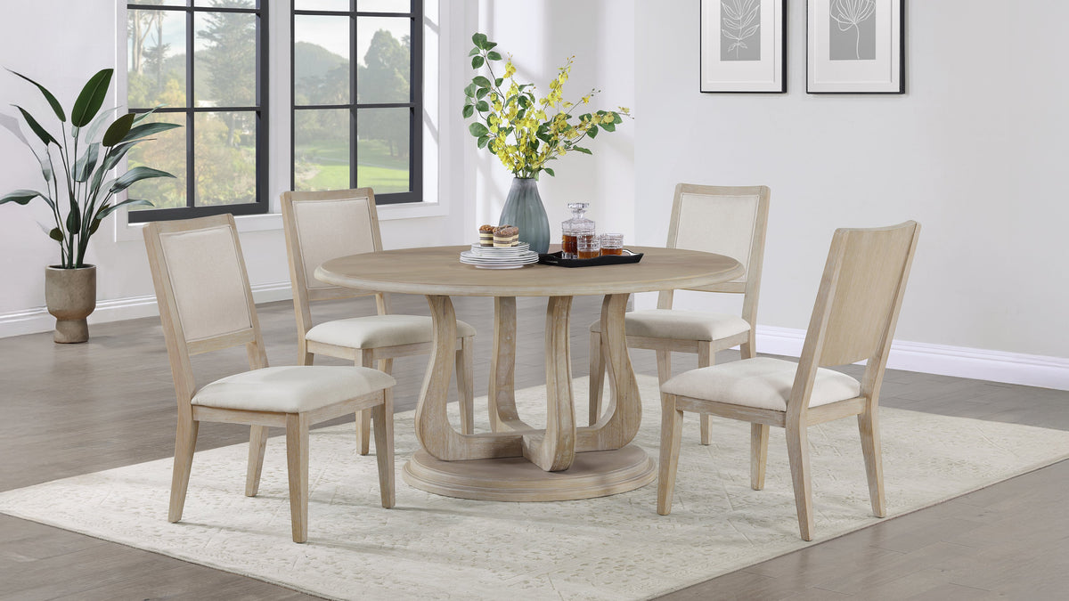 Trofello Dining Set White Washed — collection scene; select a configuration for exact contents