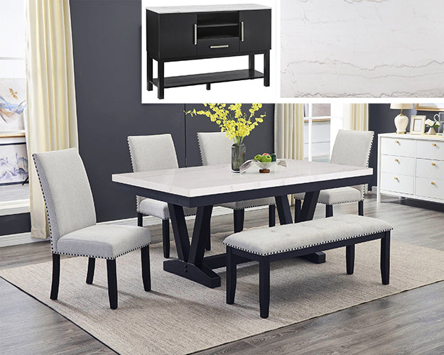 Varley White/Black Genuine Marble Dining Table