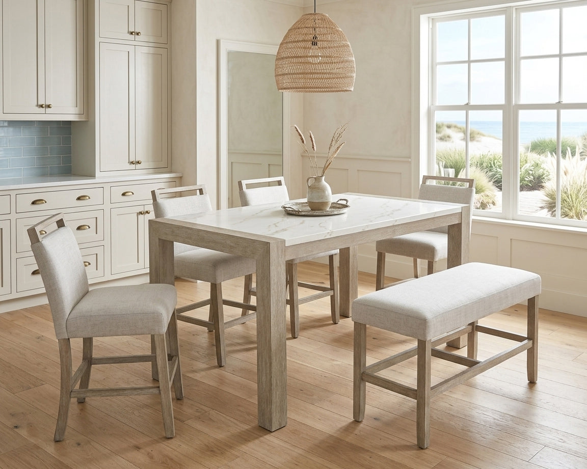 Hazel Weathered Oak Genuine Marble Top Counter Height Table