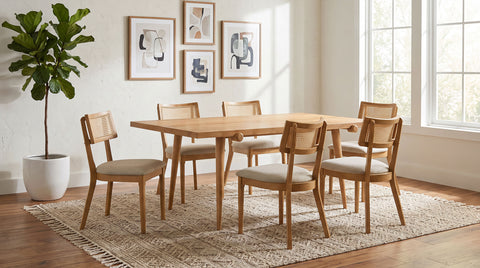Fabra Rectangular Dining Set Honey / Wheat — collection scene; select a configuration for exact contents