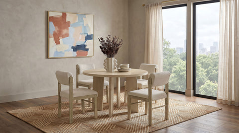Strouse 47-inch Round Wood Dining Room Set Natural Oak with Kehoe Upholstered Dining Side Chair Cream and Natural Oak (Set of 2)