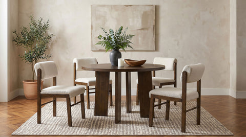 Strouse 47-inch Round Wood Dining Room Set Walnut with Kehoe Upholstered Dining Side Chair Cream and Walnut (Set of 2)