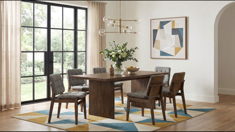 Decker Dining Set with Biscuit Tufted Chairs Walnut / Grey — collection scene; select a configuration for exact contents