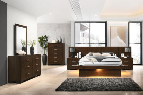Jessica Cappuccino Bedroom Set with Nightstand Wall Panels — collection scene; select a configuration for exact contents