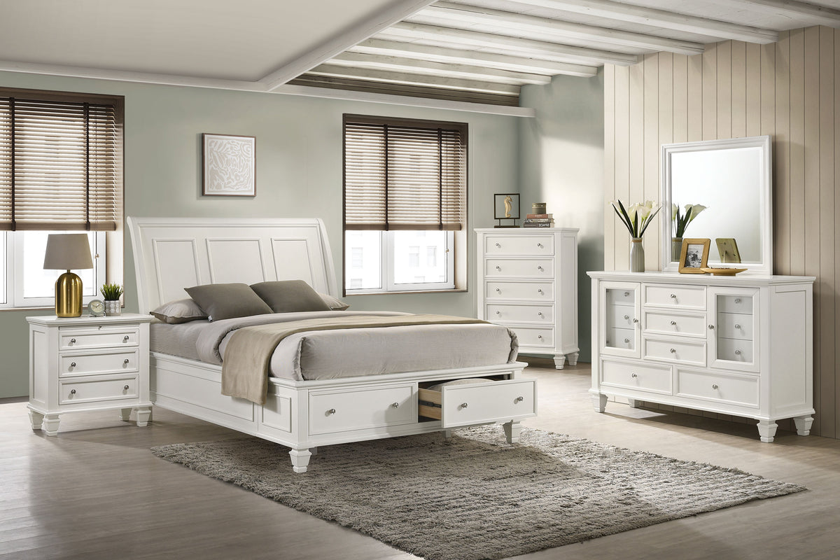 Sandy Beach Panel Storage Bedroom Set Cream White — collection scene; select a configuration for exact contents