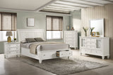 Sandy Beach Panel Storage Bedroom Set Cream White — collection scene; select a configuration for exact contents
