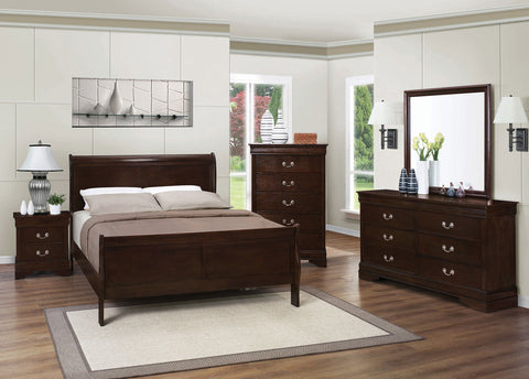 Louis Philippe Sleigh Bedroom Set Cappuccino — collection scene; select a configuration for exact contents