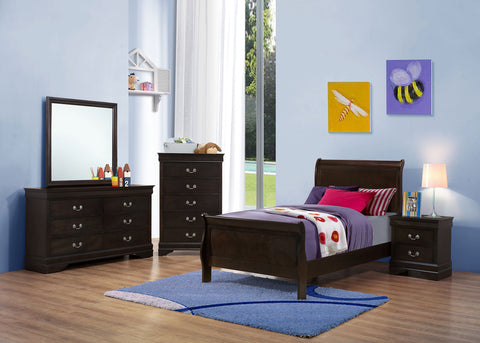 Louis Philippe Sleigh Youth Bedroom Set Cappuccino — collection scene; select a configuration for exact contents