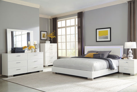 Felicity Panel Bedroom Set White High Gloss — collection scene; select a configuration for exact contents