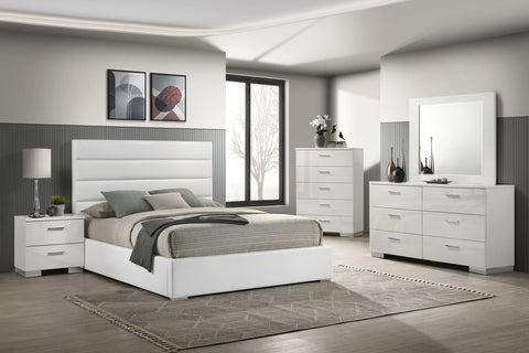Felicity Upholstered Bedroom Set White — collection scene; select a configuration for exact contents