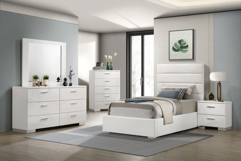 Felicity Upholstered Youth Bedroom Set White — collection scene; select a configuration for exact contents