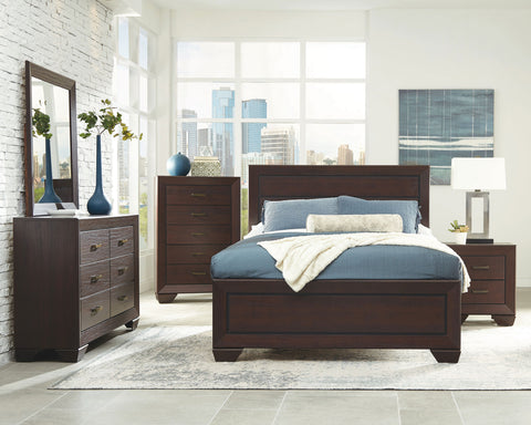 Kauffman Panel Bedroom Set Dark Cocoa — collection scene; select a configuration for exact contents