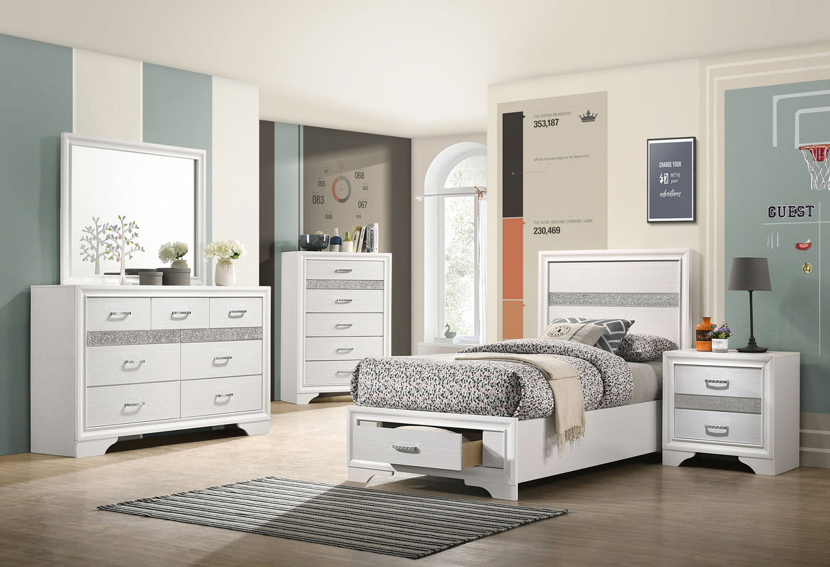 Miranda Panel Storage Youth Bedroom Set White — collection scene; select a configuration for exact contents
