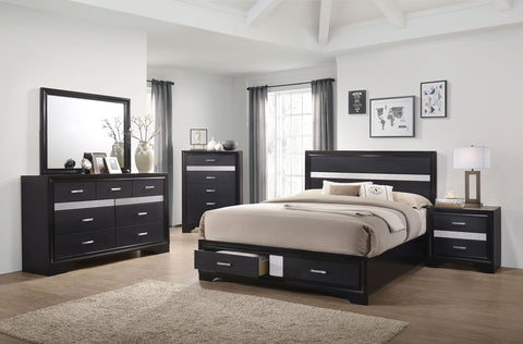 Miranda Panel Storage Bedroom Set Black — collection scene; select a configuration for exact contents