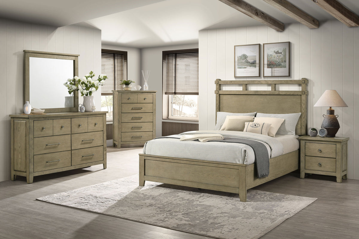 Hazlewood Panel Bedroom Set Vineyard Oak — collection scene; select a configuration for exact contents