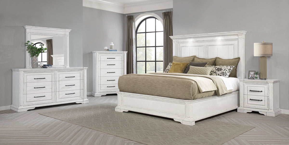 McKinney Panel Bedroom Set Vintage White — collection scene; select a configuration for exact contents