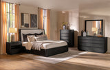 Leandro Wingback Bedroom Set Burnished Black — collection scene; select a configuration for exact contents