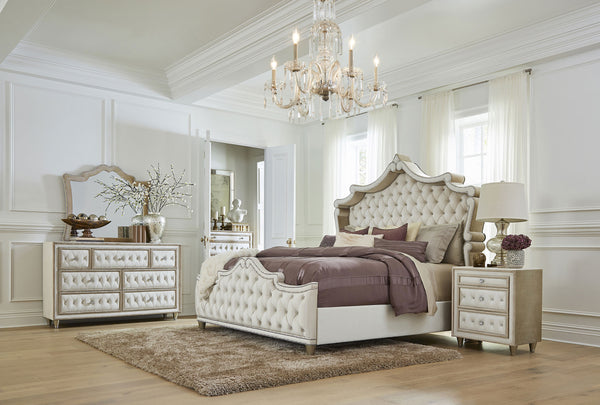 Antonella Upholstered Panel Bedroom Set Ivory / Camel
