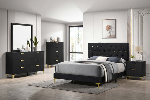 Kendall Upholstered Panel Bedroom Set Black — collection scene; select a configuration for exact contents