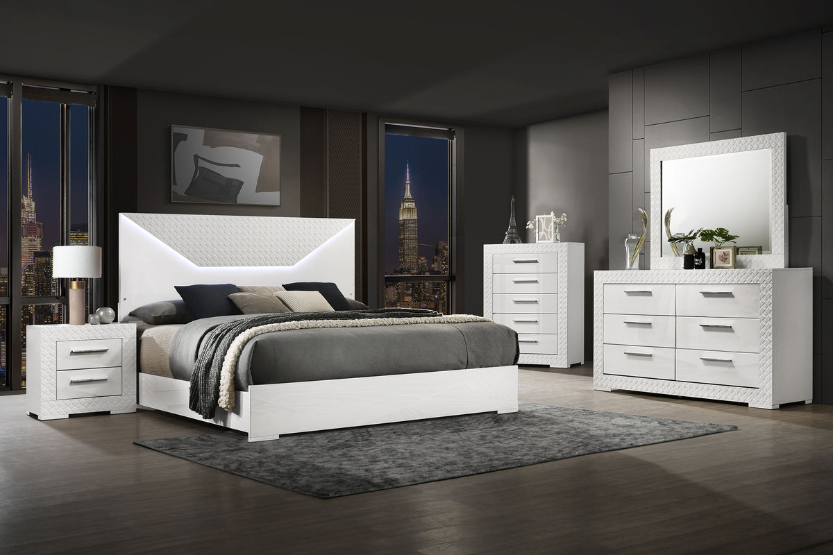 Ives Panel Bedroom Set White High Gloss — collection scene; select a configuration for exact contents
