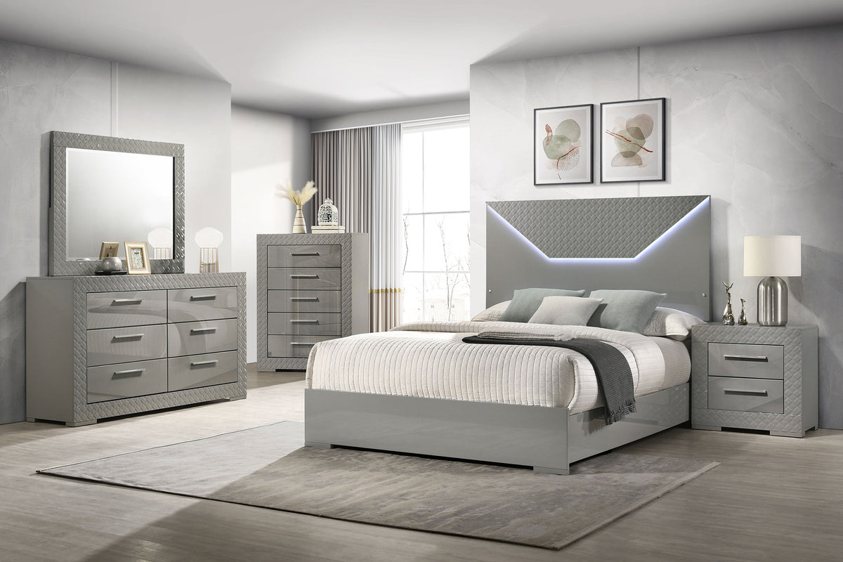 Ives Panel Bedroom Set Grey High Gloss — collection scene; select a configuration for exact contents