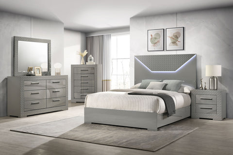 Ives Panel Bedroom Set Grey High Gloss — collection scene; select a configuration for exact contents