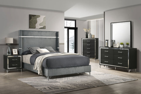Lucia Upholstered Wingback Bedroom Set Grey — collection scene; select a configuration for exact contents
