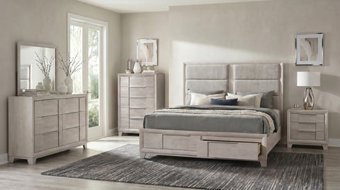 Farre Upholstered Storage Platform Bedroom Set Washed Grey / Light Grey — collection scene; select a configuration for exact contents
