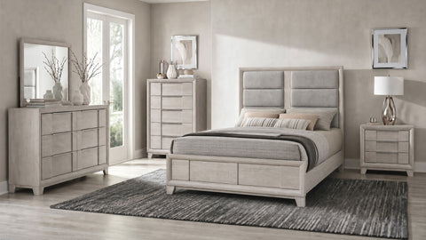Farre Upholstered Panel Bedroom Set Washed Grey / Light Grey — collection scene; select a configuration for exact contents