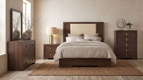 Etienne Velvet Upholstered Panel Bedroom Set Walnut / Vanilla