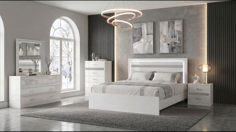 Viana Touch-Control Panel Bedroom Set White High Gloss — collection scene; select a configuration for exact contents