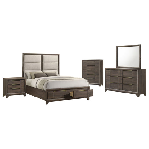 Farre Upholstered Storage Platform Bedroom Set Dark Brown / Beige — collection scene; select a configuration for exact contents