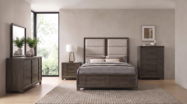 Farre Upholstered Panel Bedroom Set Dark Brown / Beige