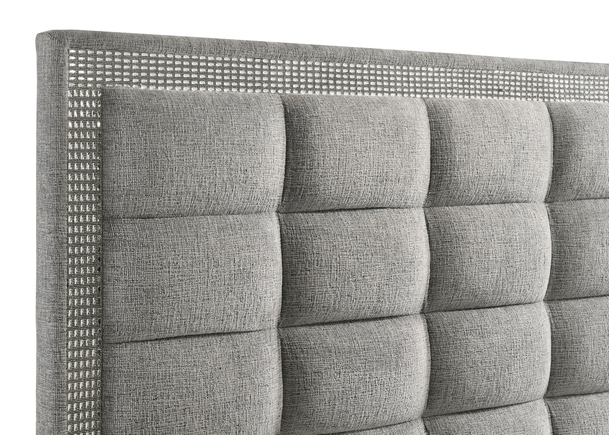 Viana Eastern King Chenille Platform Bed Grey and White High Gloss