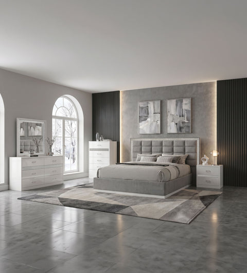 Viana Chenille Platform Bedroom Set Grey / White High Gloss — collection scene; select a configuration for exact contents