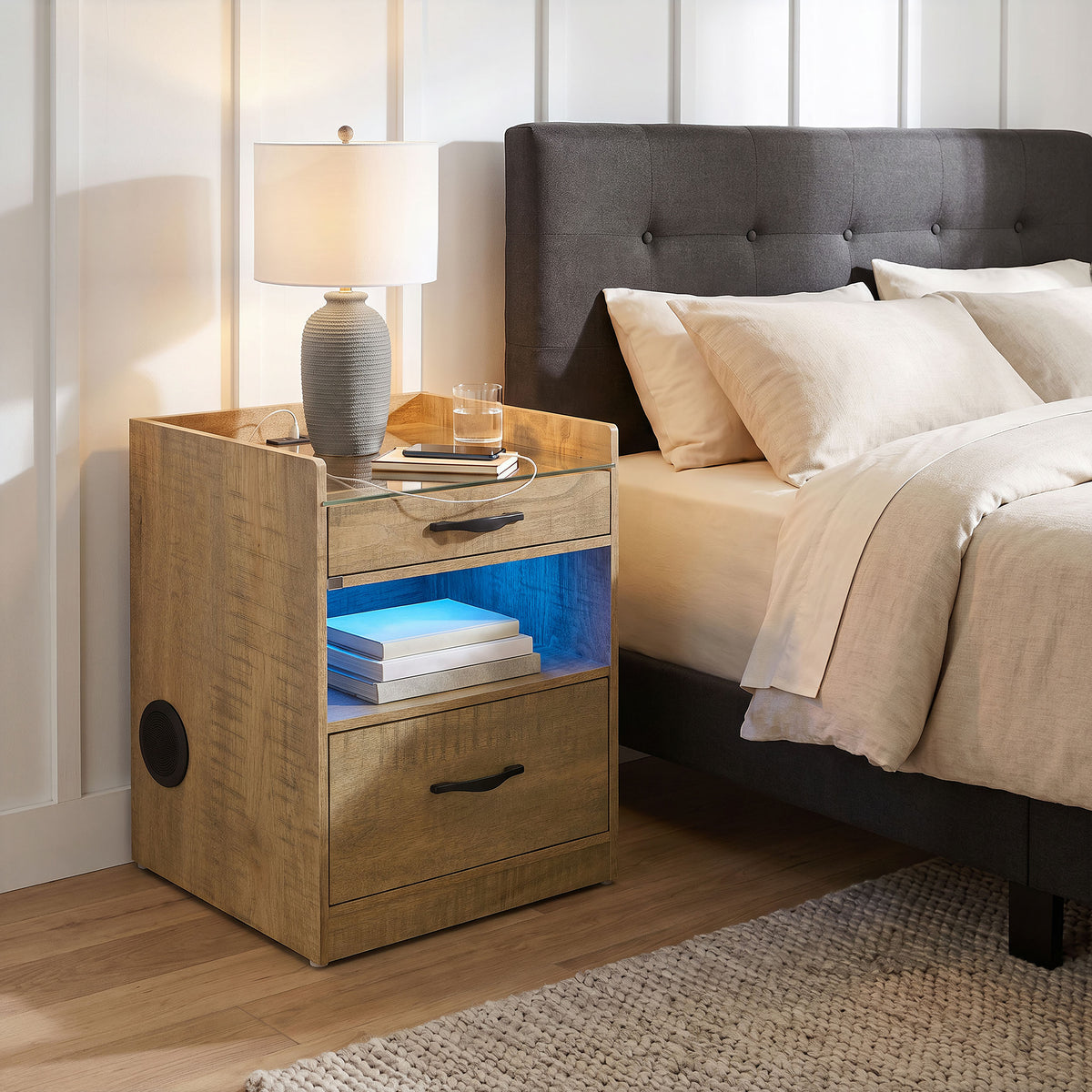 Furda 2-drawer LED Nightstand Bedside Table with Speaker Mango