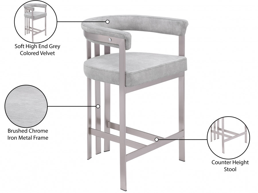 Marcello Velvet Upholstered Counter Stool — 939-C - Grey - 939Grey-C Infographic