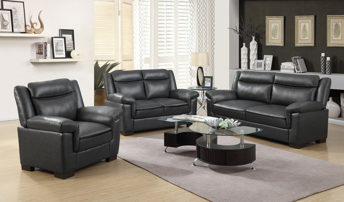 Arabella Living Room Set Grey — room scene; select a set for exact contents