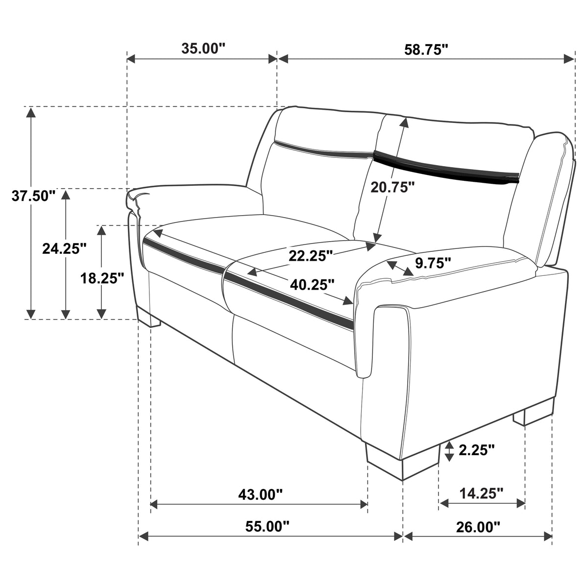 Arabella Upholstered Padded Arm Loveseat Grey
