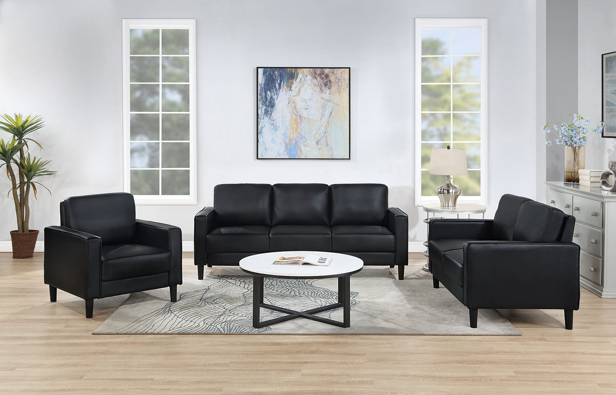 Ruth Living Room Set Black — room scene; select a set for exact contents