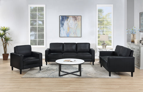 Ruth Living Room Set Black — room scene; select a set for exact contents