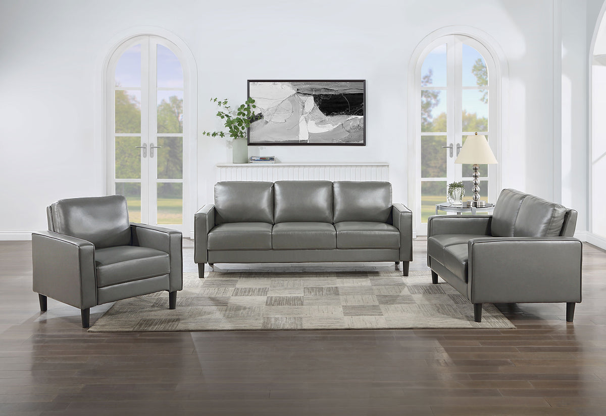 Ruth Living Room Set Grey — room scene; select a set for exact contents