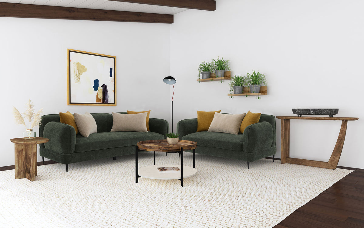 Jade Living Room Set Green — room scene; select a set for exact contents