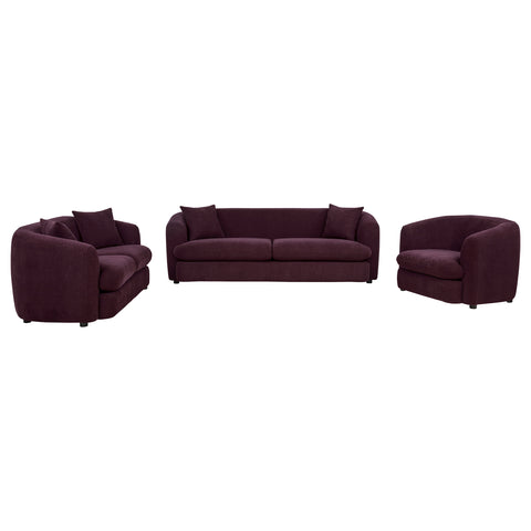 Delroy Living Room Set Aubergine — room scene; select a set for exact contents
